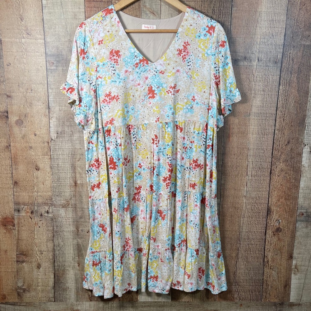 Hailey Co Small Floral Tiered Dress Lined Rayon Flutter Sleeves Cottagecore Boho